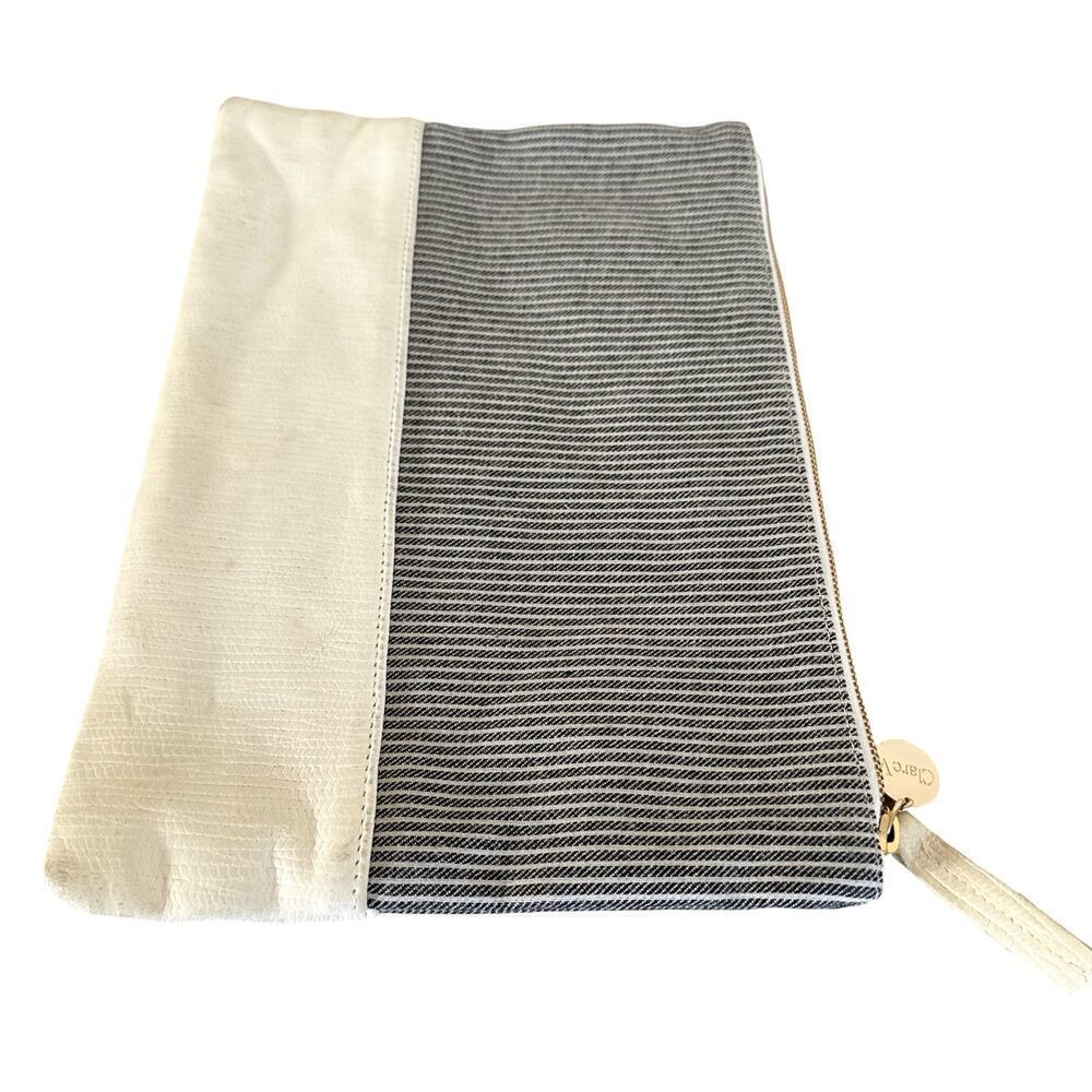 Clare V. Large Flat Black Gray Stripped Fabric & Ivory Leather Clutch